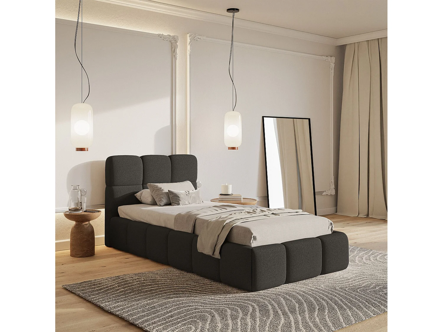 Gestoffeerd bed 90x200 cm – opbergruimte – Chenille Grafiet – CLOUDY