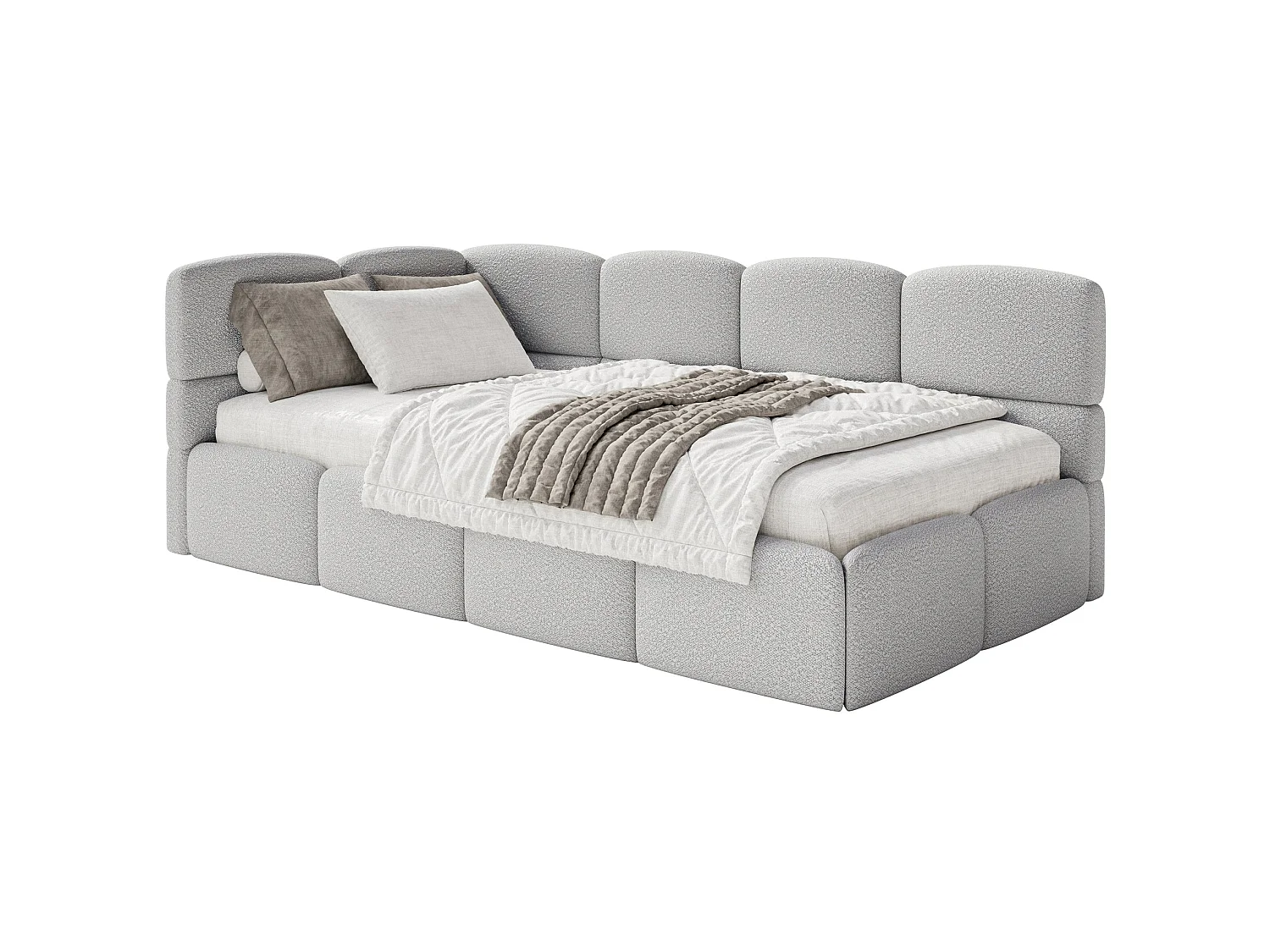 Jugendbett 120x200 Kopfteil links – Matratze & Stauraum – Bouclé Hellgrau – CLOUDY