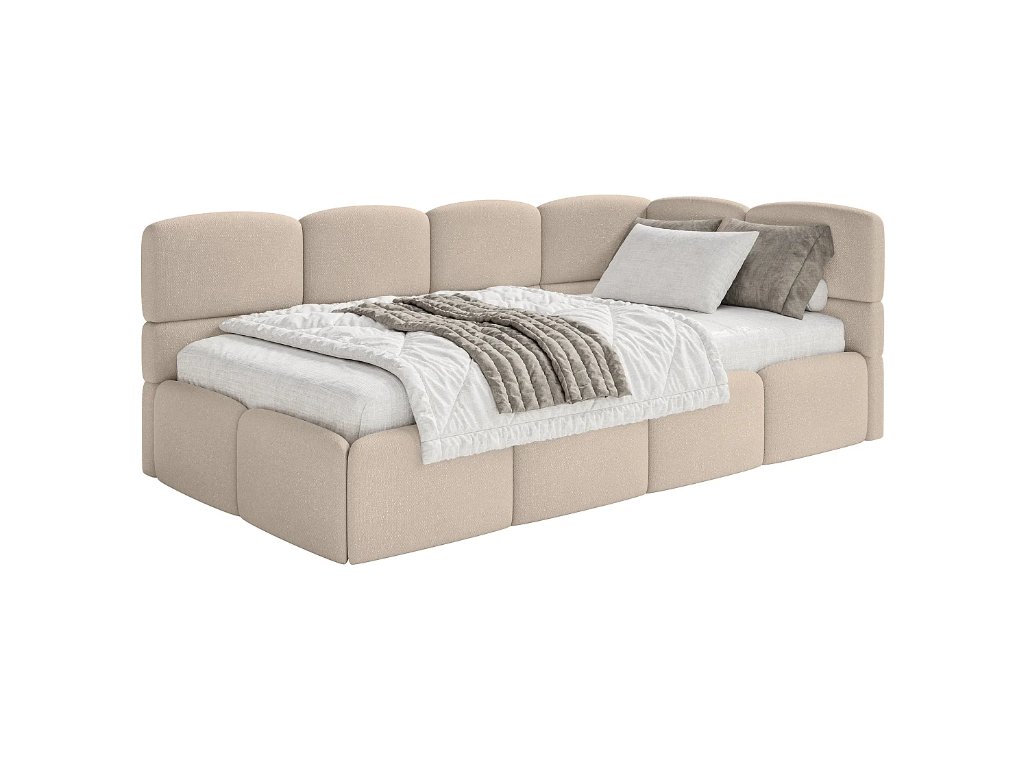Tienerbed 120 cm – Opbergbak – Chenille – Hoofdbord rechts – Beige – CLOUDY