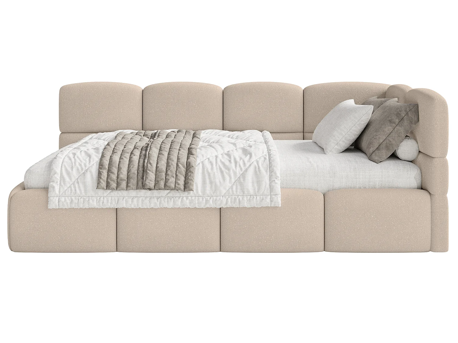 Tienerbed 120 cm – Opbergbak – Chenille – Hoofdbord rechts – Beige – CLOUDY
