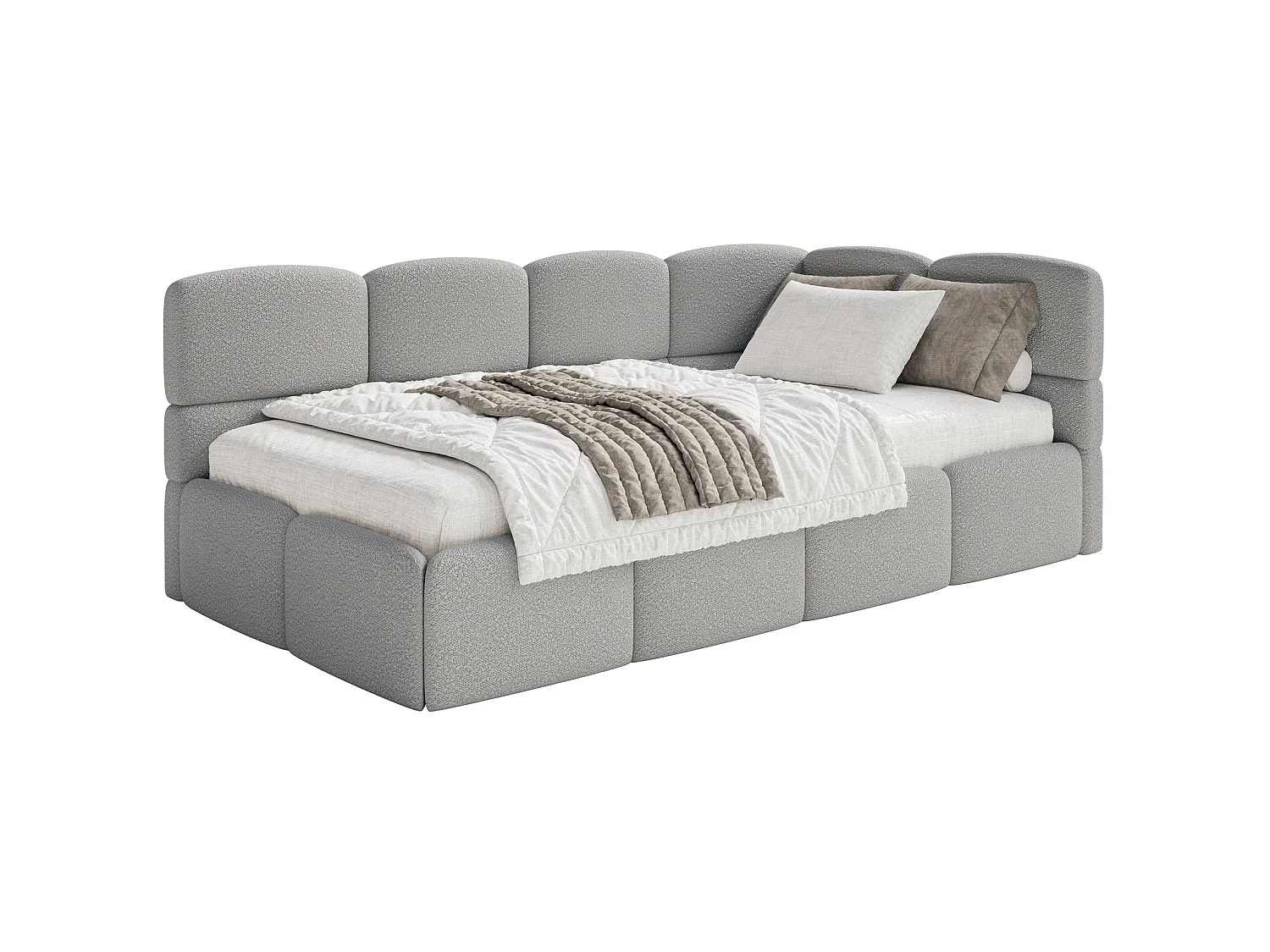 Jugendbett 120 cm – Bettkasten – Bouclé – Kopfteil rechts – Grau – CLOUDY