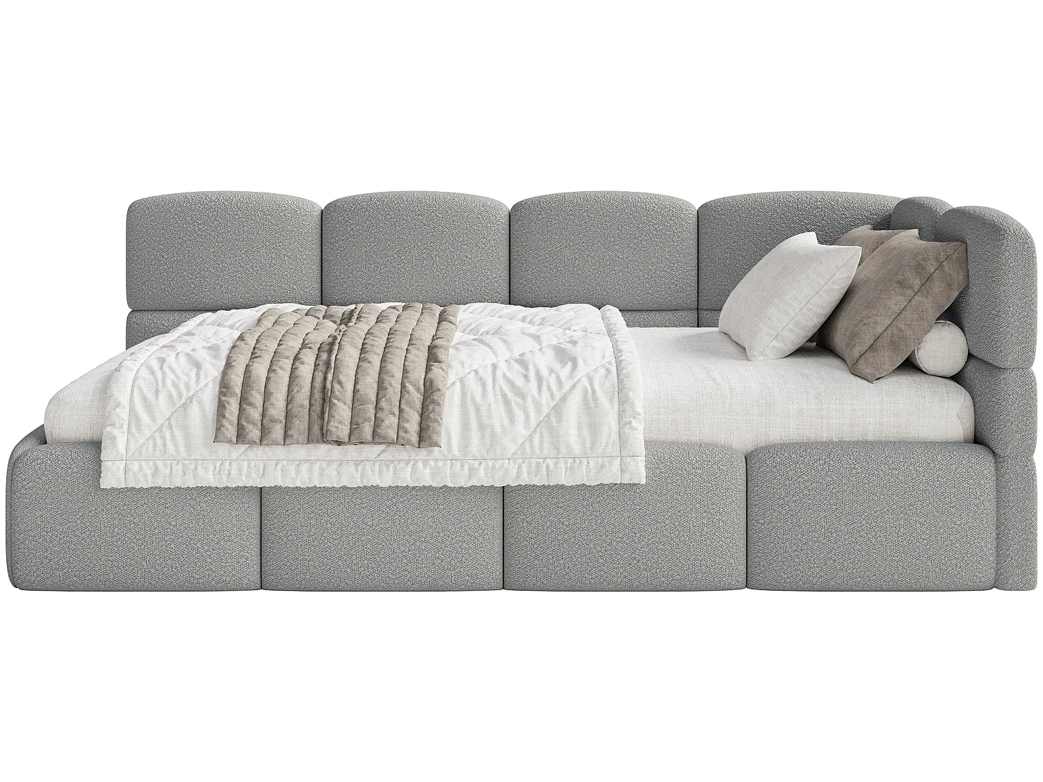 Jugendbett 120 cm – Bettkasten – Bouclé – Kopfteil rechts – Grau – CLOUDY