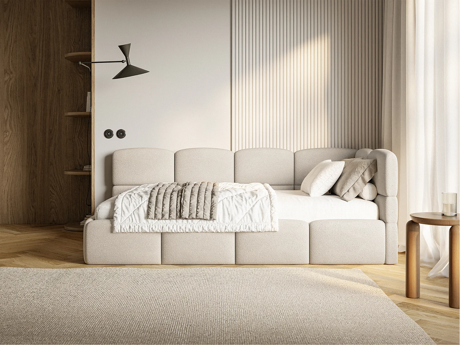 Tienerbed 120 cm – Opbergbak – Chenille – Hoofdbord rechts – Crème – CLOUDY