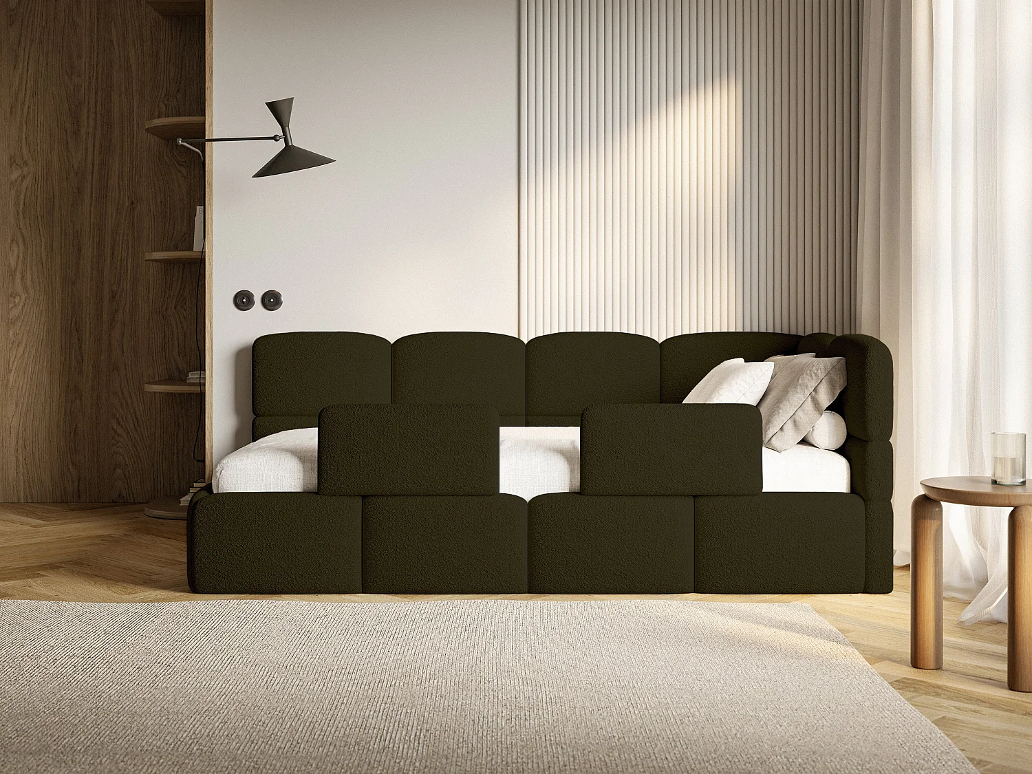 Lit enfant 120x200 cm – tête de lit à droite– matelas & coffre de rangement – en bouclé vert olive – CLOUDY