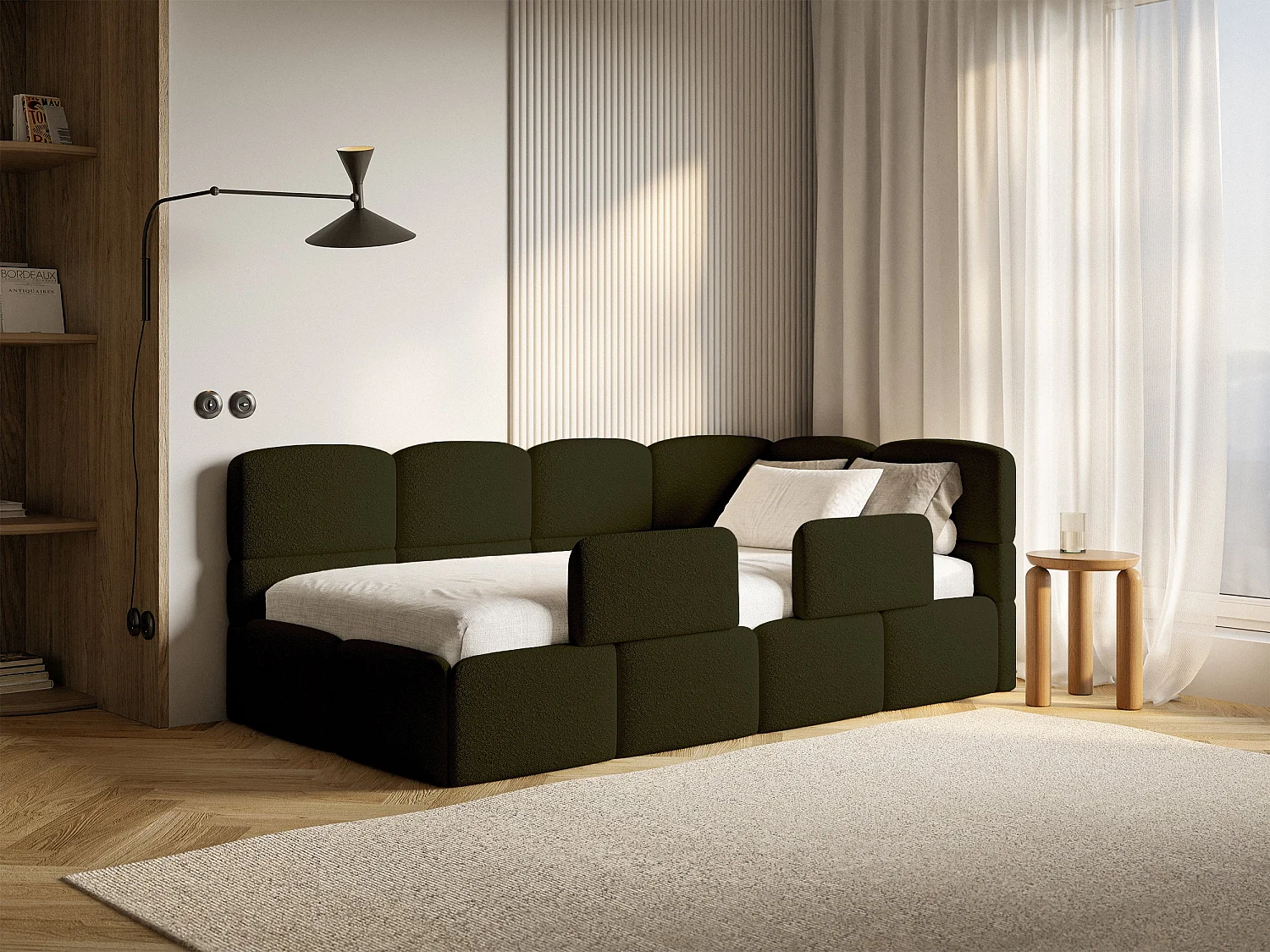 Lit enfant 120x200 cm – tête de lit à droite– matelas & coffre de rangement – en bouclé vert olive – CLOUDY