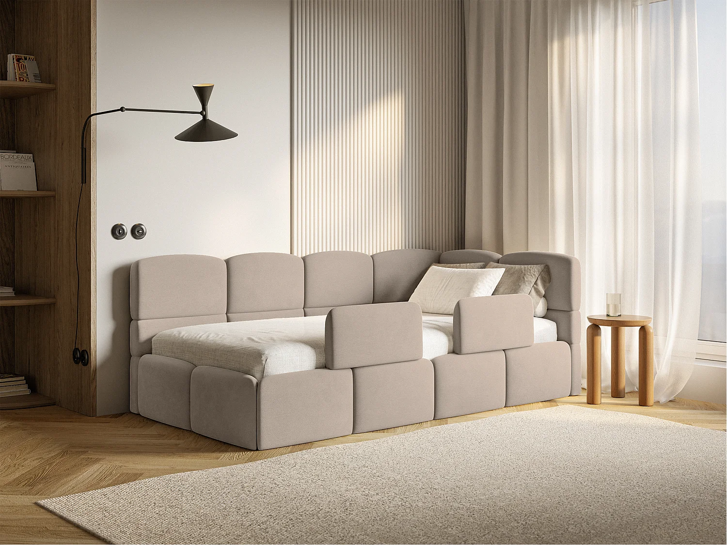 Lit enfant 120x200 cm – tête de lit à droite – matelas & coffre de rangement – velours beige – CLOUDY