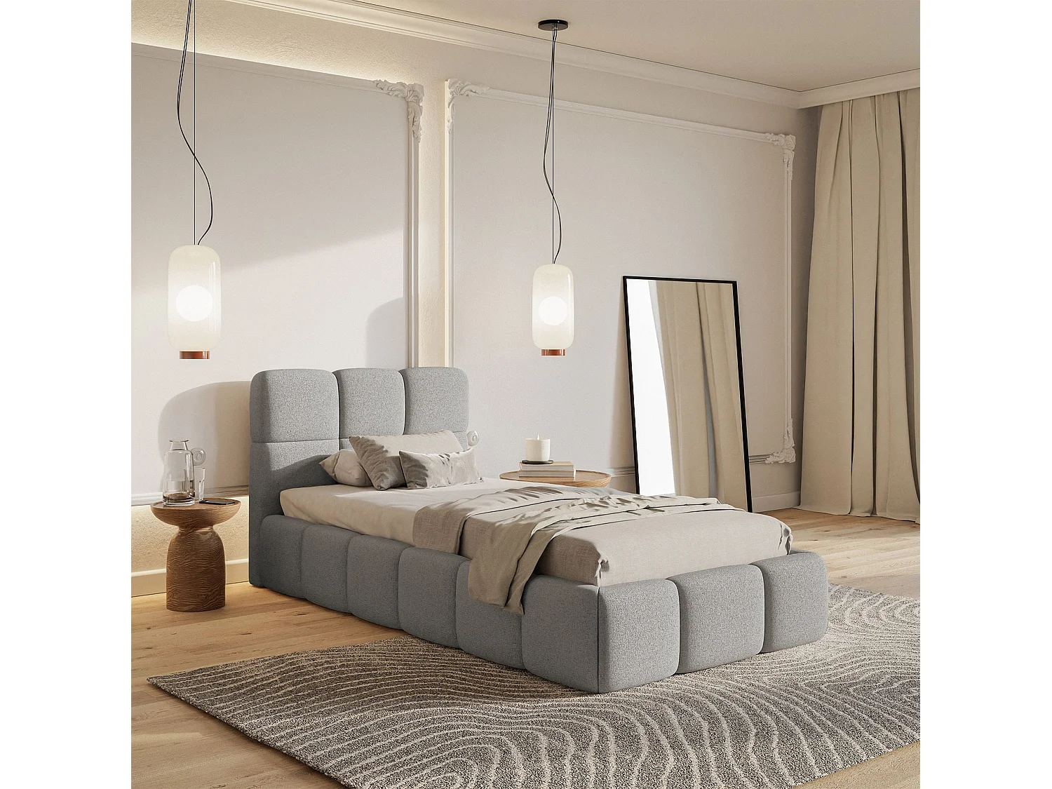 Gestoffeerd bed 90x200 cm – Chenille Lichtgrijs – CLOUDY
