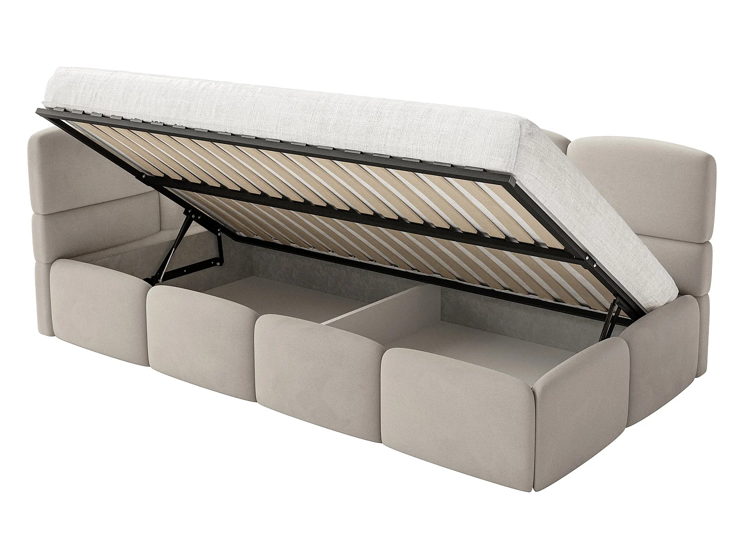 Kinderbett 120 cm – Bettkasten – 2x Rausfallschutz – Velours – links – Hellbeige – CLOUDY