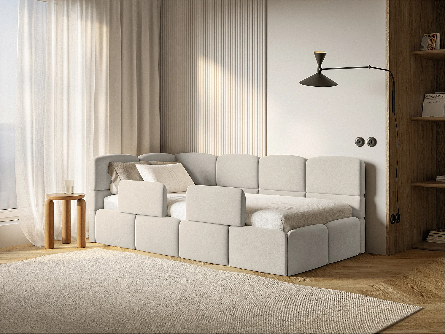Kinderbett 120 cm – Bettkasten – 2x Rausfallschutz – Velours – links – Hellbeige – CLOUDY