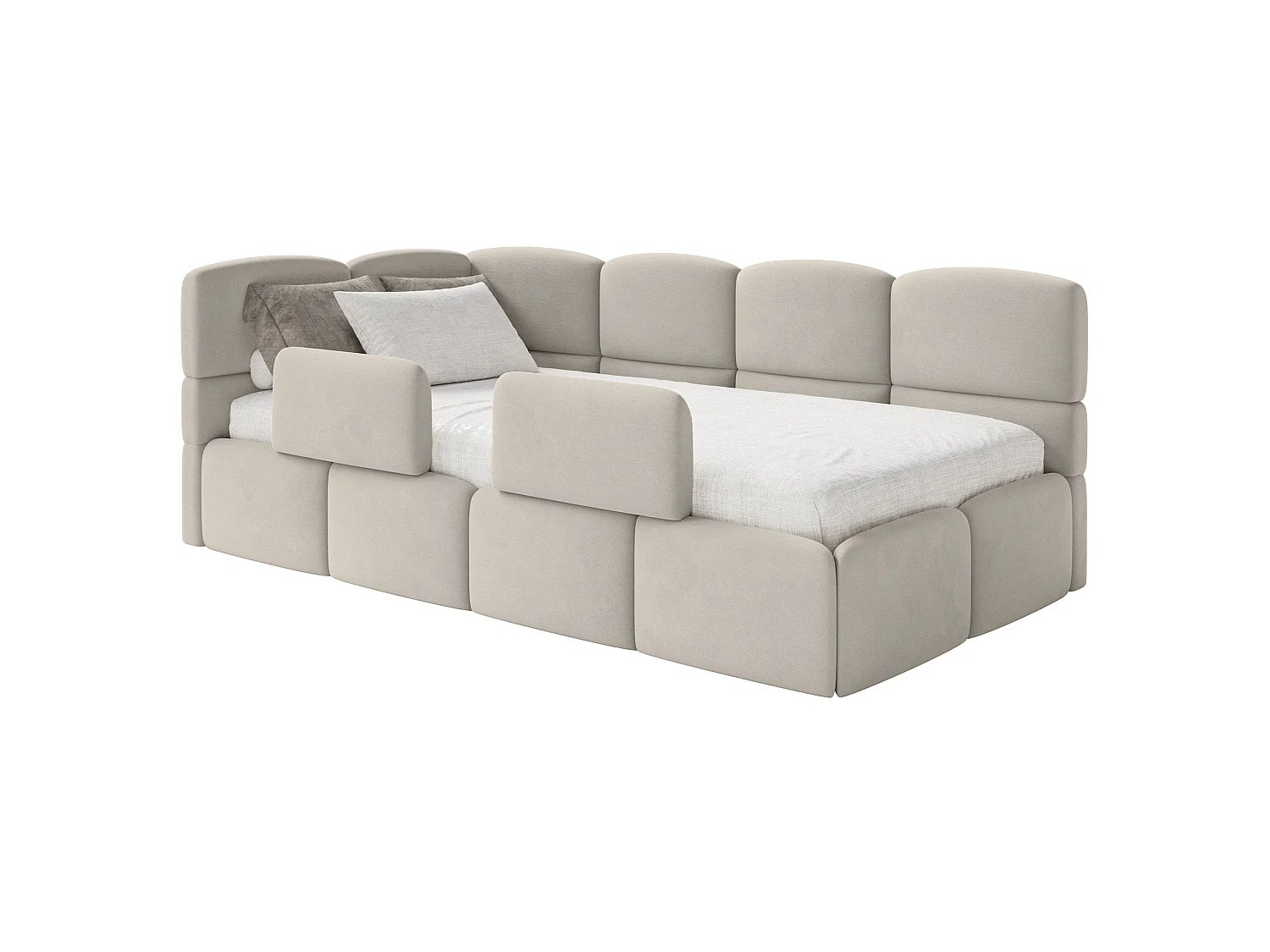 Kinderbett 120 cm – Bettkasten – 2x Rausfallschutz – Velours – links – Hellbeige – CLOUDY