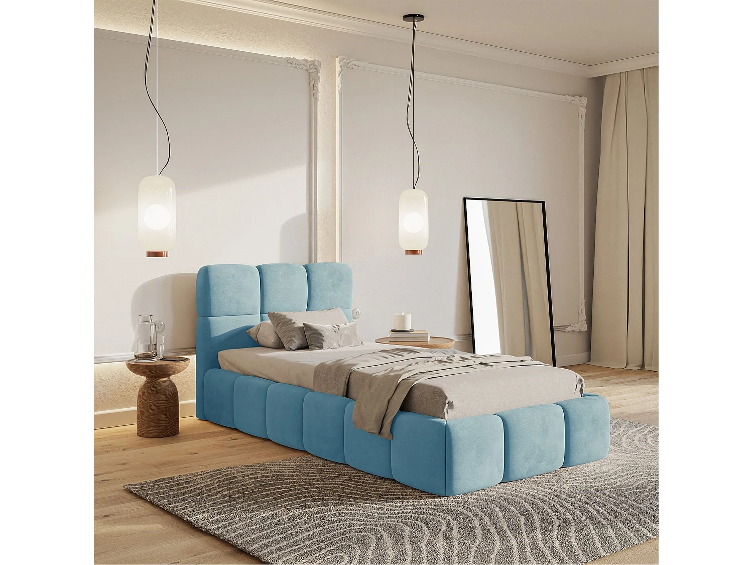 Gestoffeerd bed 90x200 cm – Fluweel Lichtblauw – CLOUDY