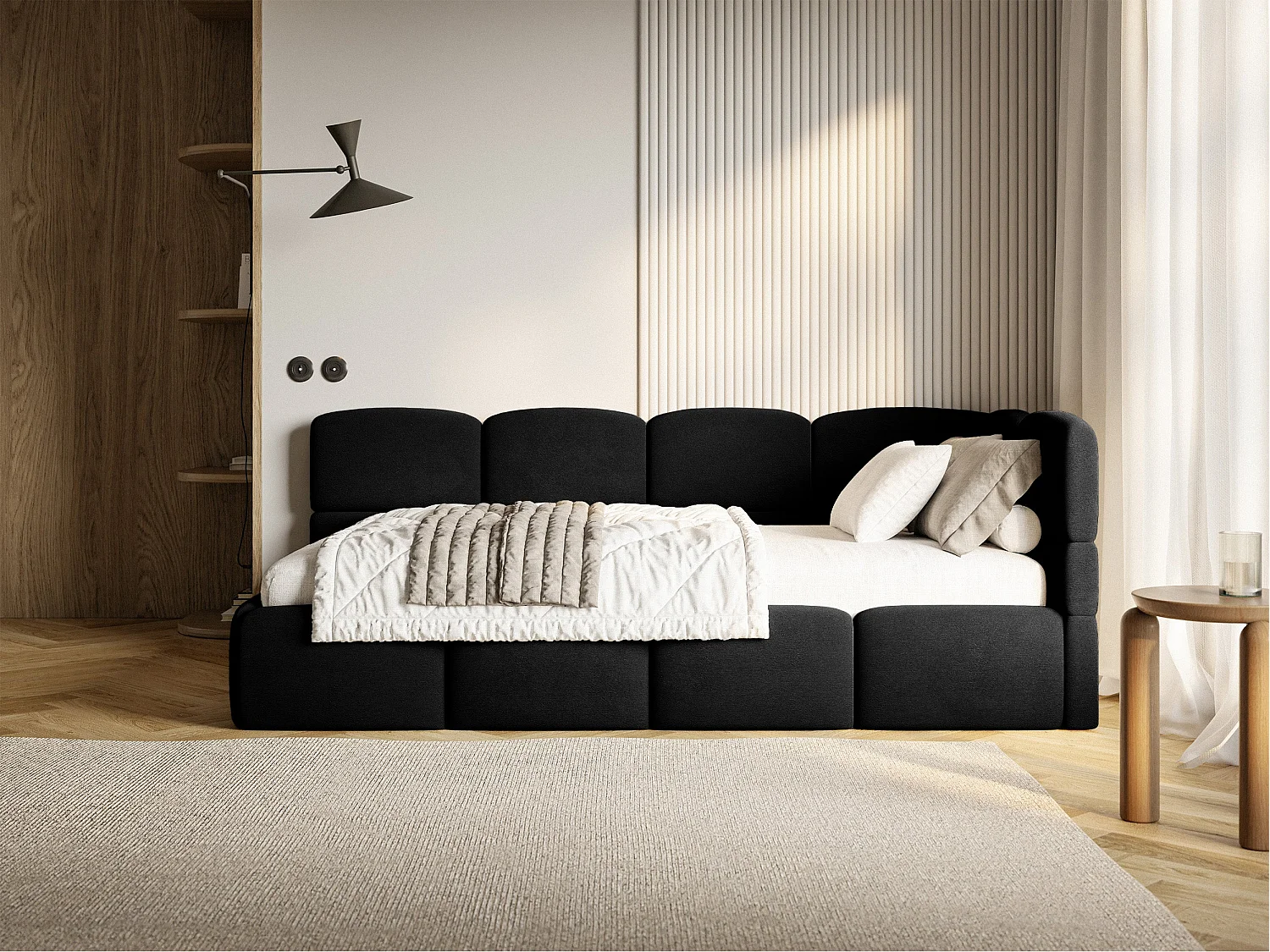 Lit ado 90x200 – tête de lit à droite – velours Noir – CLOUDY