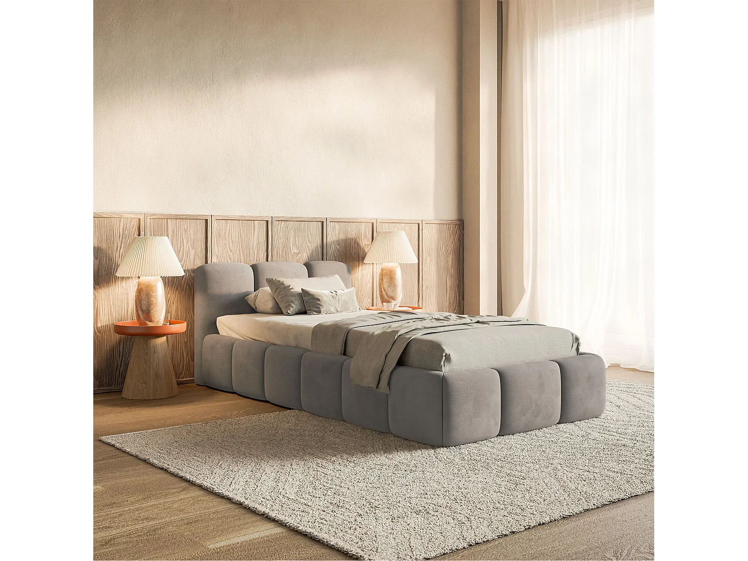 Lit rembourré 90x200 – avec coffre – Velours Gris clair – CLOUDY LOW