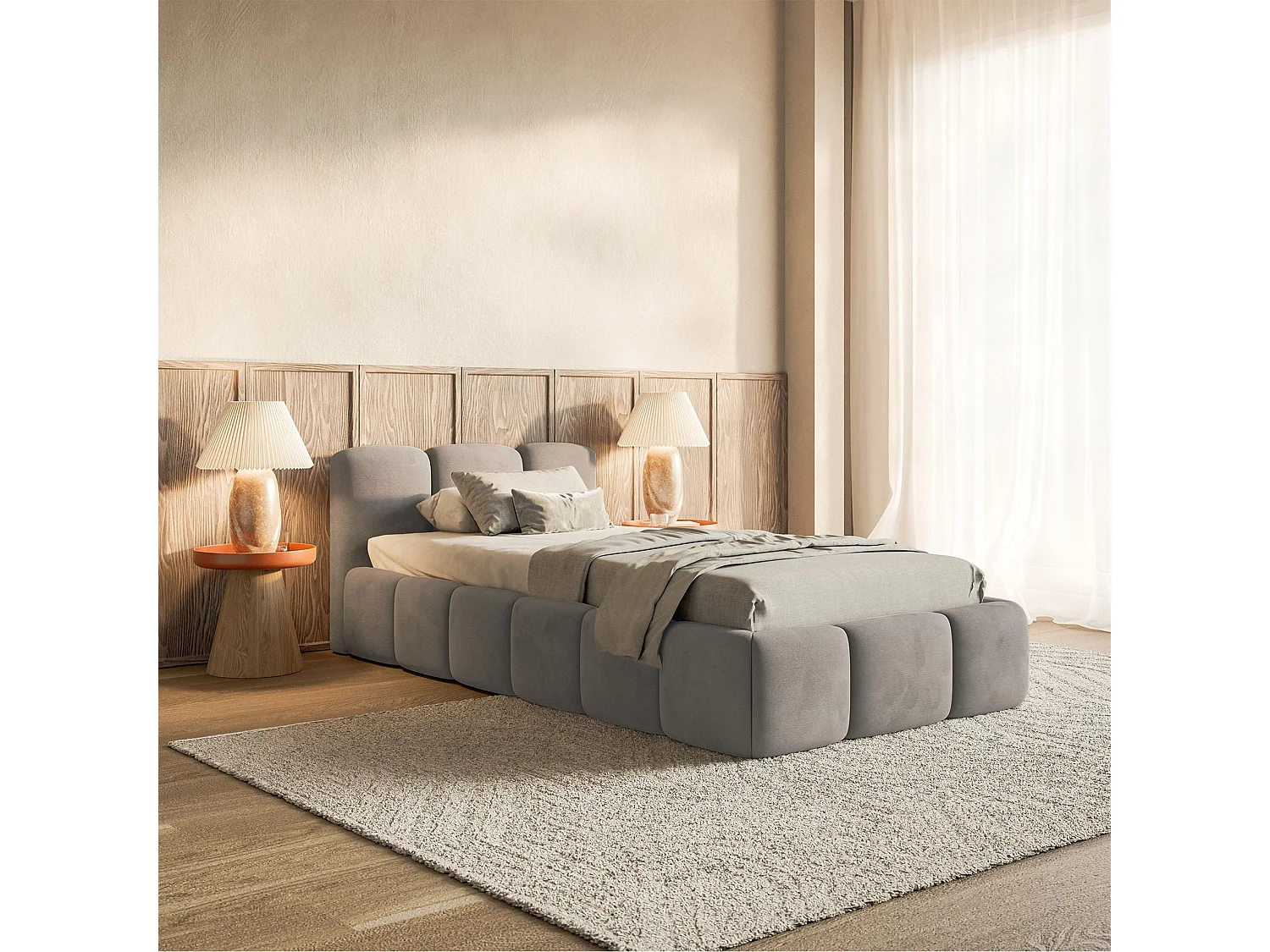 Gestoffeerd bed 90x200 cm – opbergruimte – Fluweel Lichtgrijs – CLOUDY LOW