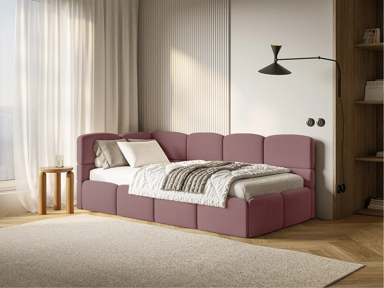 Lit ado 90x200 avec matelas – tête de lit à gauche – velours Rose – CLOUDY