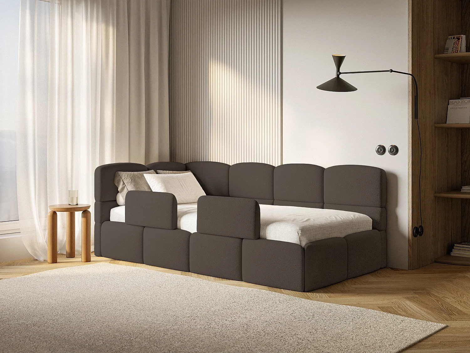 Kinderbett 120x200 Kopfteil links – Matratze & Stauraum – Chenille Braun – CLOUDY