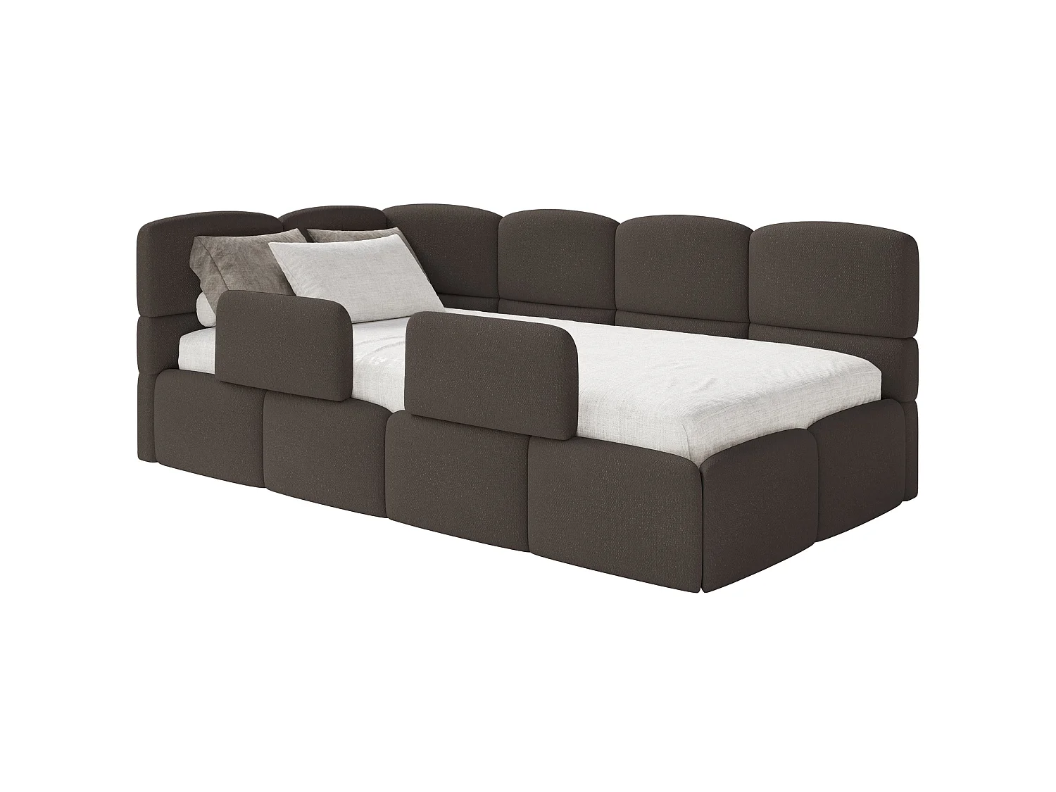 Kinderbett 120x200 Kopfteil links – Matratze & Stauraum – Chenille Braun – CLOUDY