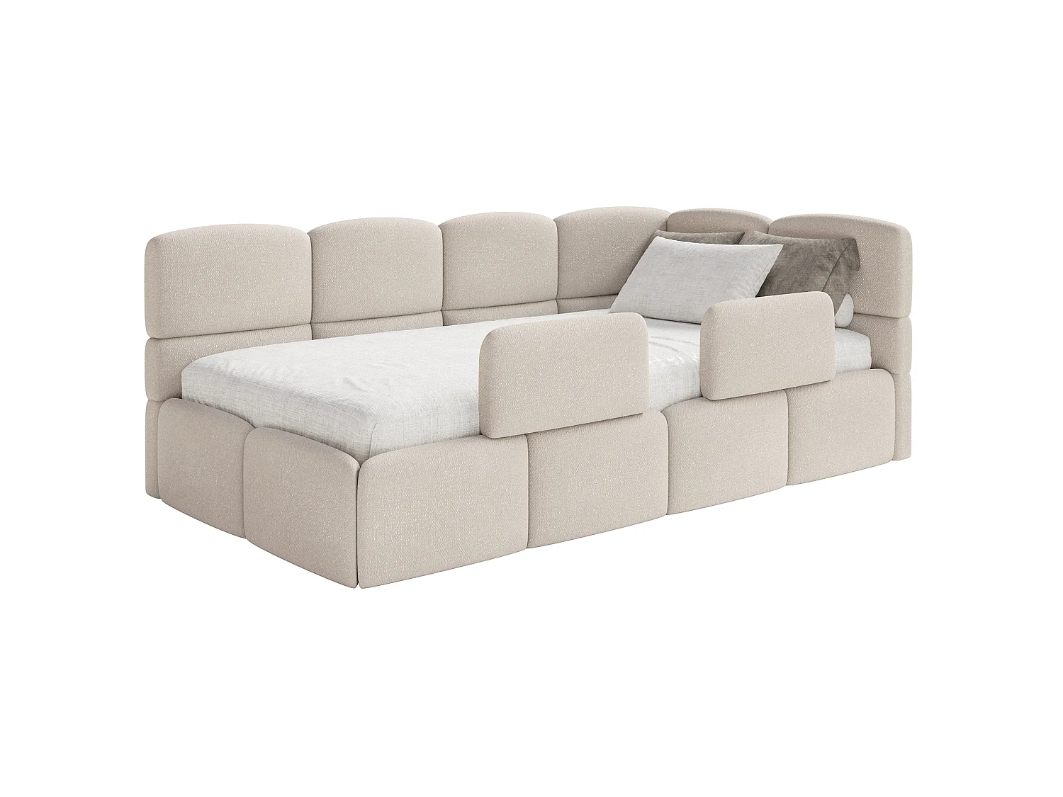 Kinderbett 120 cm – Bettkasten – 2x Rausfallschutz – Chenille – rechts – Creme – CLOUDY