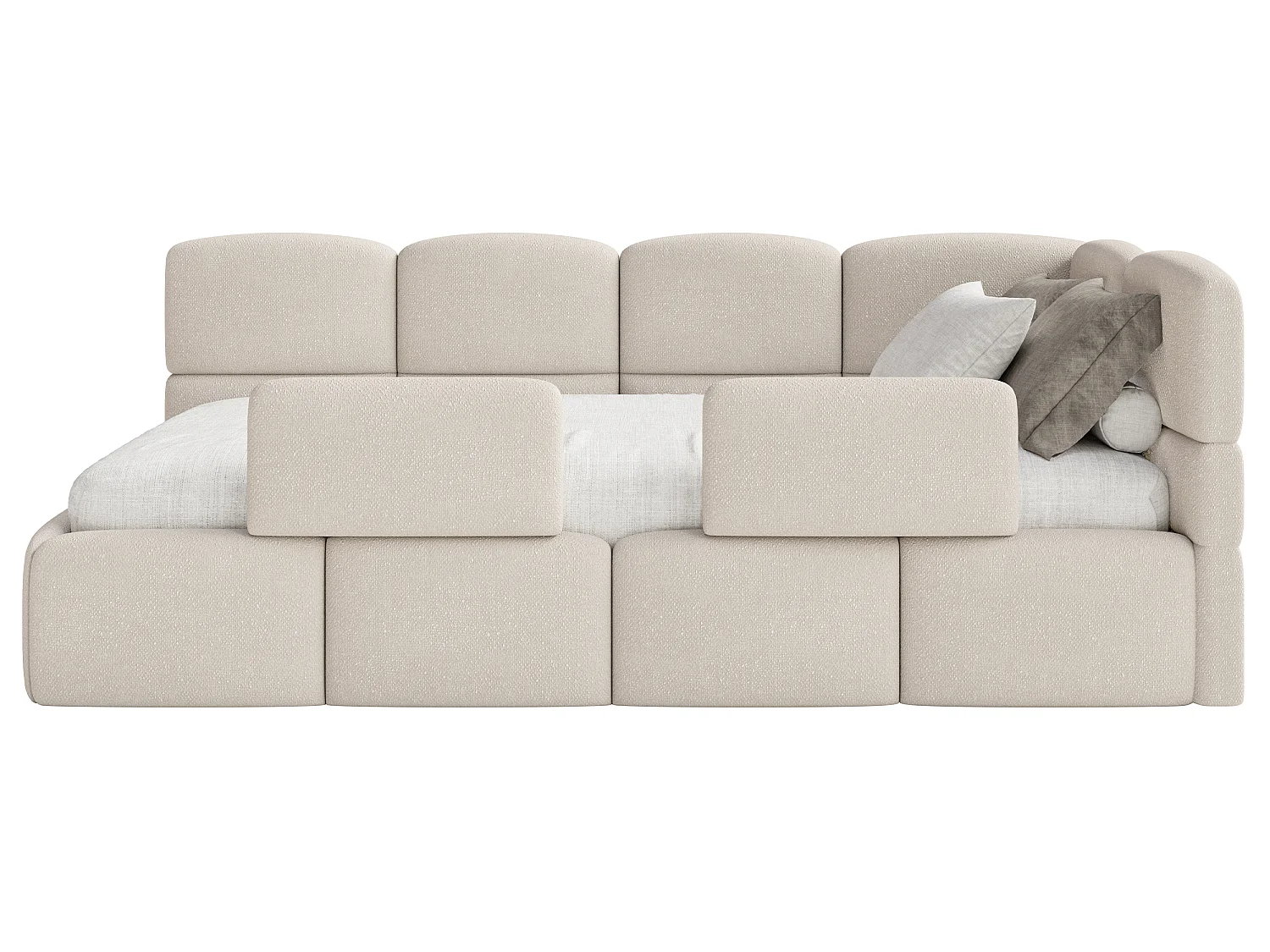 Kinderbett 120 cm – Bettkasten – 2x Rausfallschutz – Chenille – rechts – Creme – CLOUDY