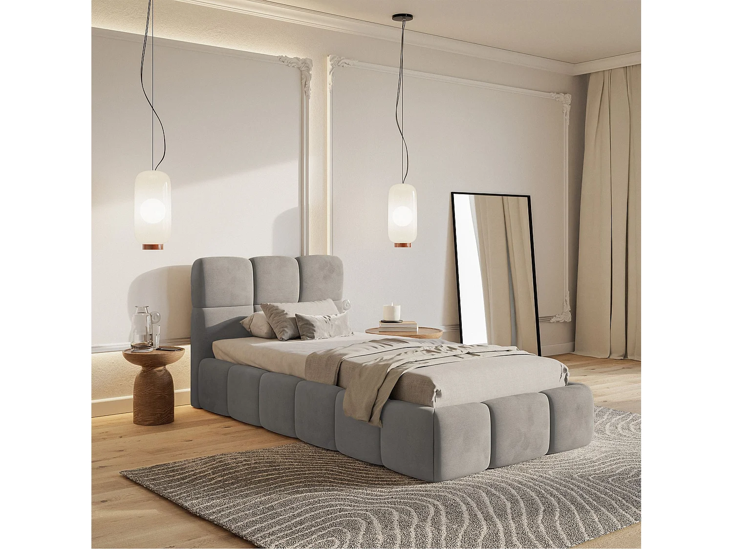 Gestoffeerd bed 90x200 cm – opbergruimte – Fluweel Lichtgrijs – CLOUDY