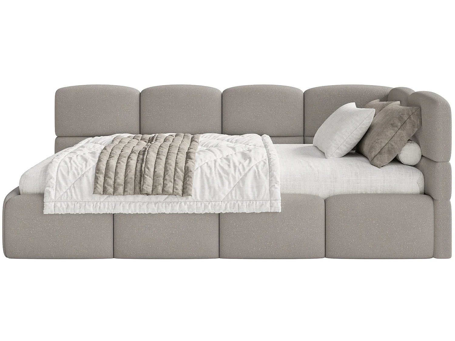 Tienerbed 120 cm – Opbergbak – Chenille – Hoofdbord rechts – Lichtbruin – CLOUDY