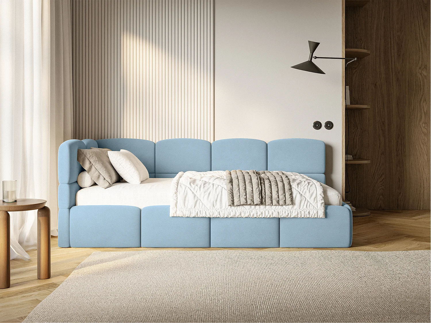 Lit ado 90x200 – tête de lit à gauche – velours Bleu clair – CLOUDY