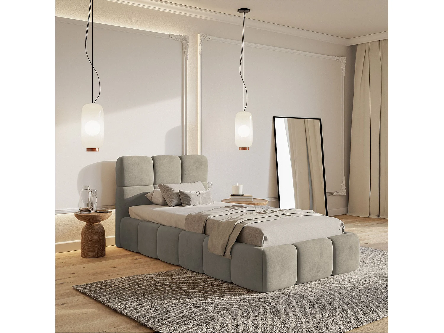 Gestoffeerd bed 90x200 cm – Fluweel Grijsbeige – CLOUDY