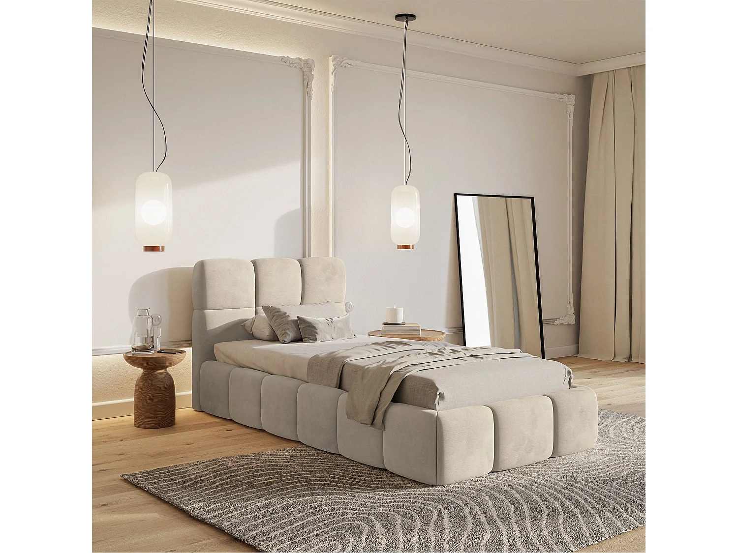 Gestoffeerd bed 90x200 cm – Fluweel Lichtbeige – CLOUDY