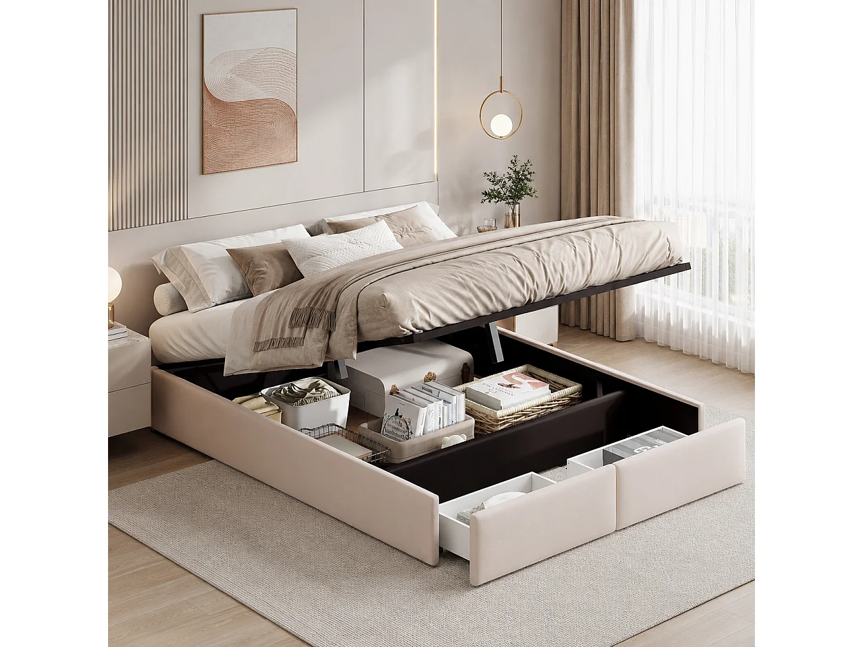 Lit Coffre 160x200 cm, lit Double Moderne avec Espace de Rangement hydraulique et 2 tiroirs, Cadre de Lits avec sommier à Lattes en Bois, Beige