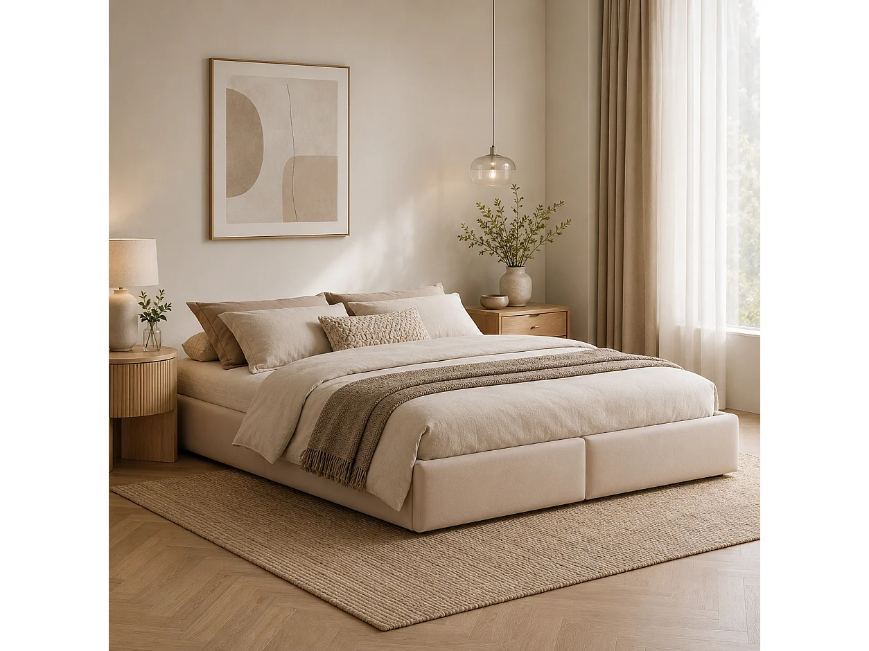 Lit Coffre 160x200 cm, lit Double Moderne avec Espace de Rangement hydraulique et 2 tiroirs, Cadre de Lits avec sommier à Lattes en Bois, Beige