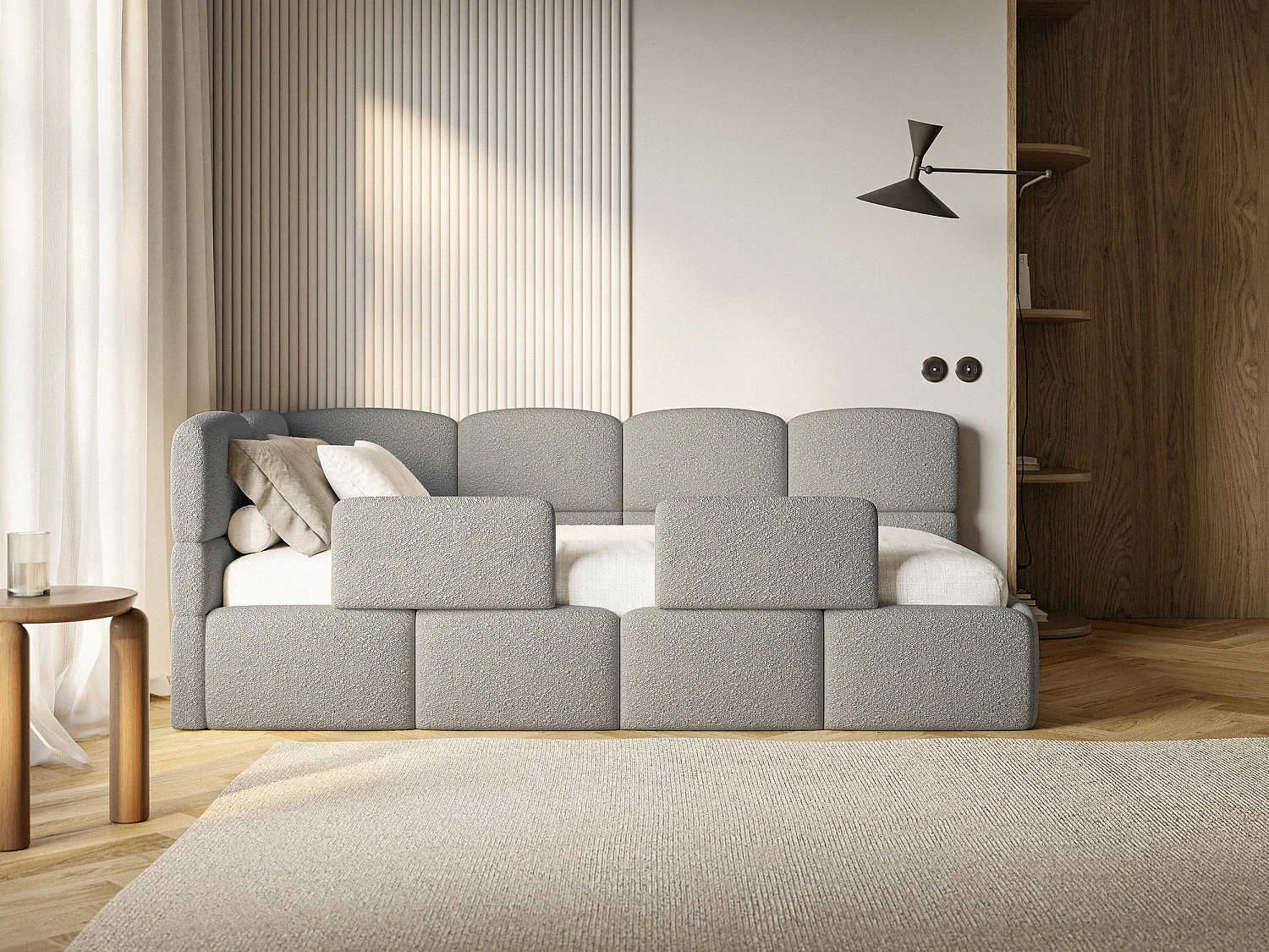 Kinderbett 120x200 Kopfteil links – Matratze & Stauraum – Bouclé Grau – CLOUDY