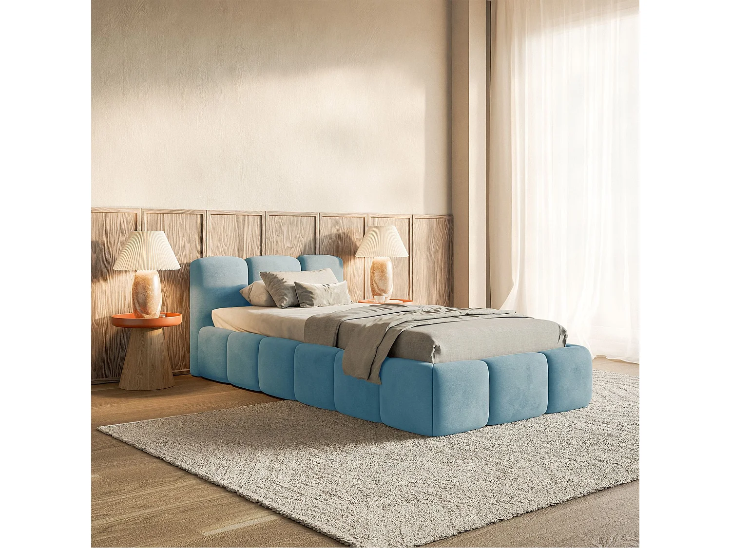 Gestoffeerd bed 90x200 cm – opbergruimte – Fluweel Lichtblauw – CLOUDY LOW