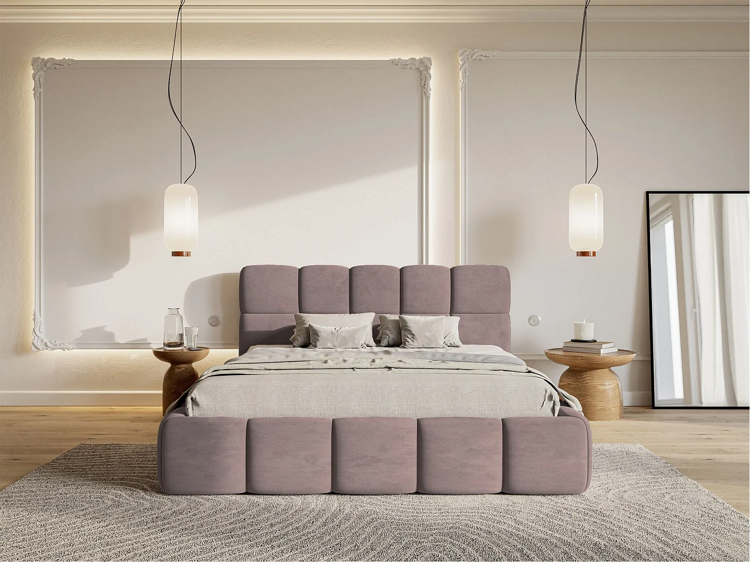 Lit rembourré 120x200 – avec coffre – Bouclé rose clair – Cloudy