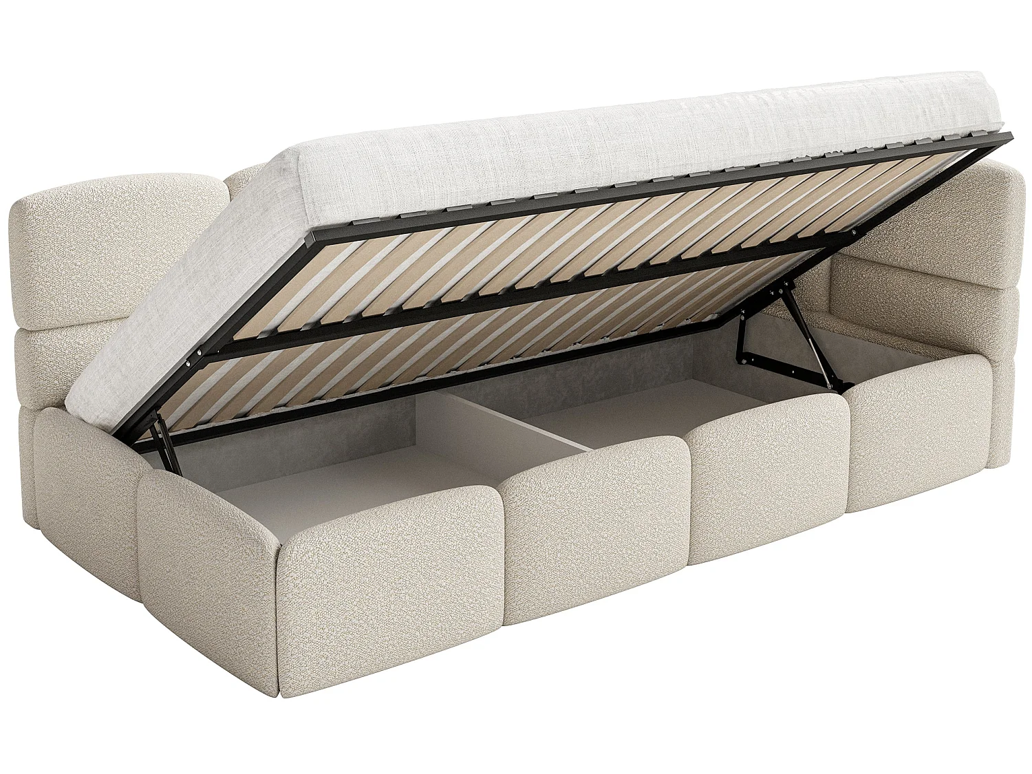 Jugendbett 120x200 Kopfteil rechts – Matratze & Stauraum – Bouclé Hellbeige – CLOUDY