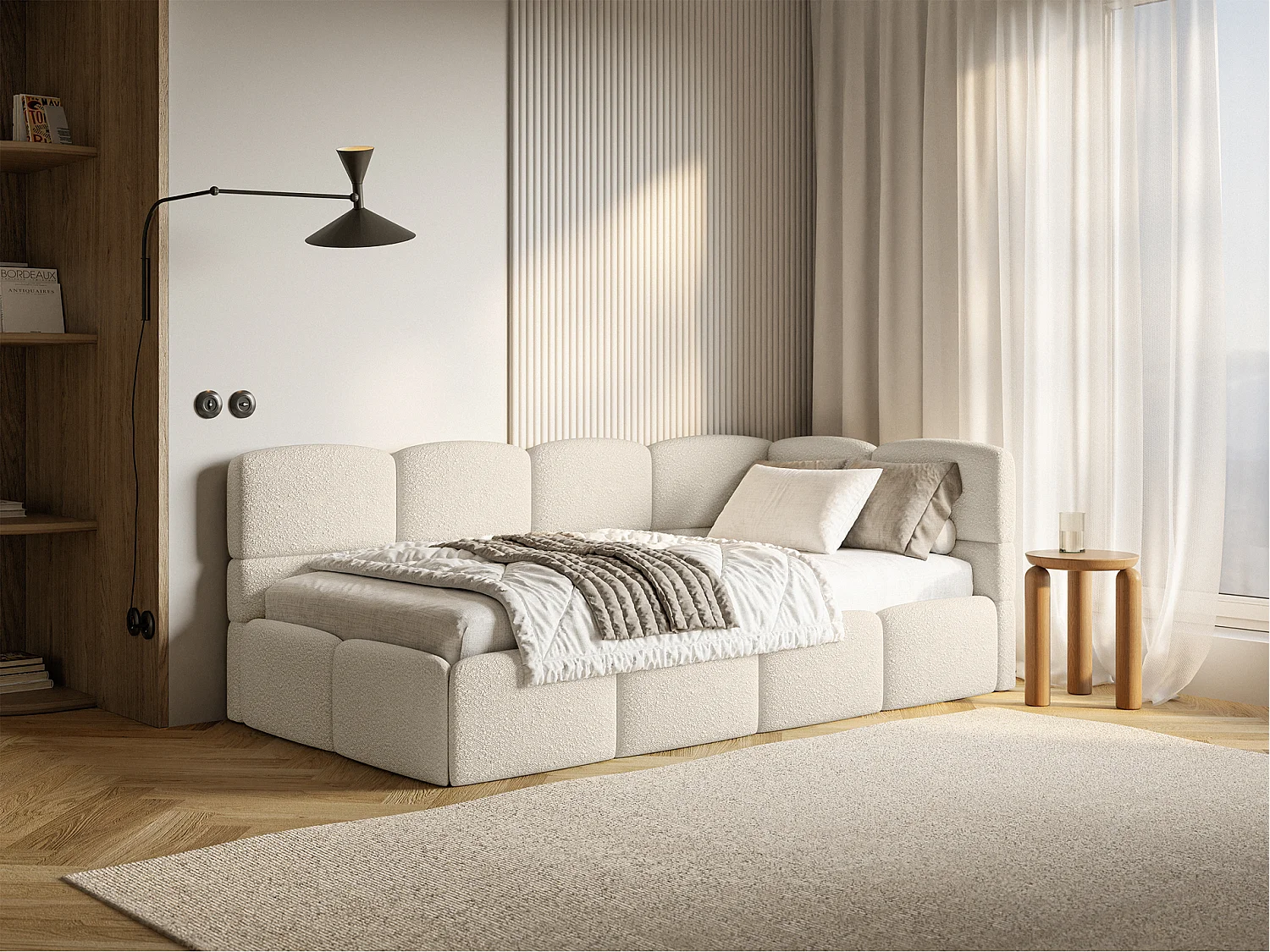 Jugendbett 120x200 Kopfteil rechts – Matratze & Stauraum – Bouclé Hellbeige – CLOUDY