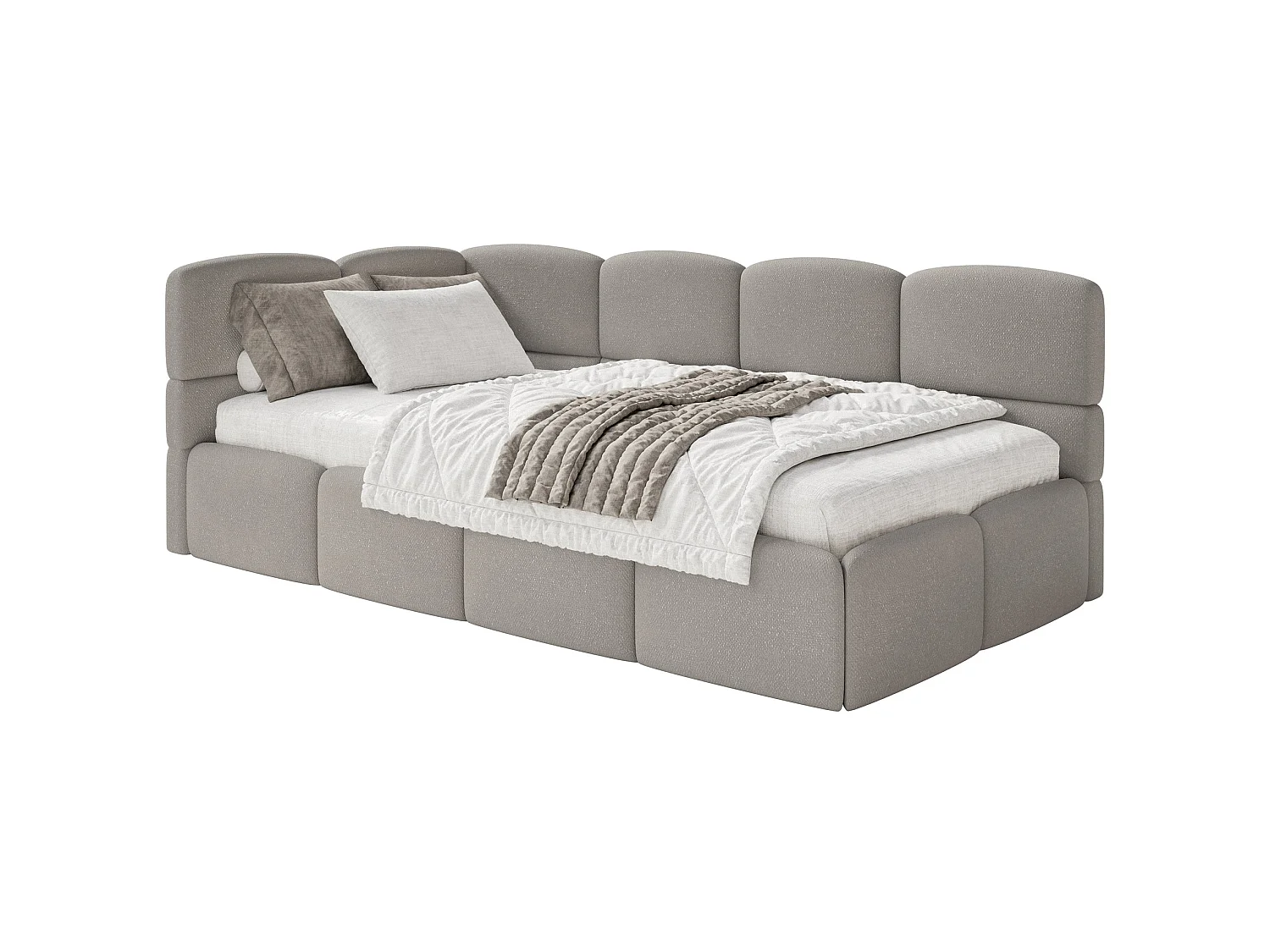 Tienerbed 120 cm – Opbergbak – Chenille – Hoofdbord links – Lichtbruin – CLOUDY