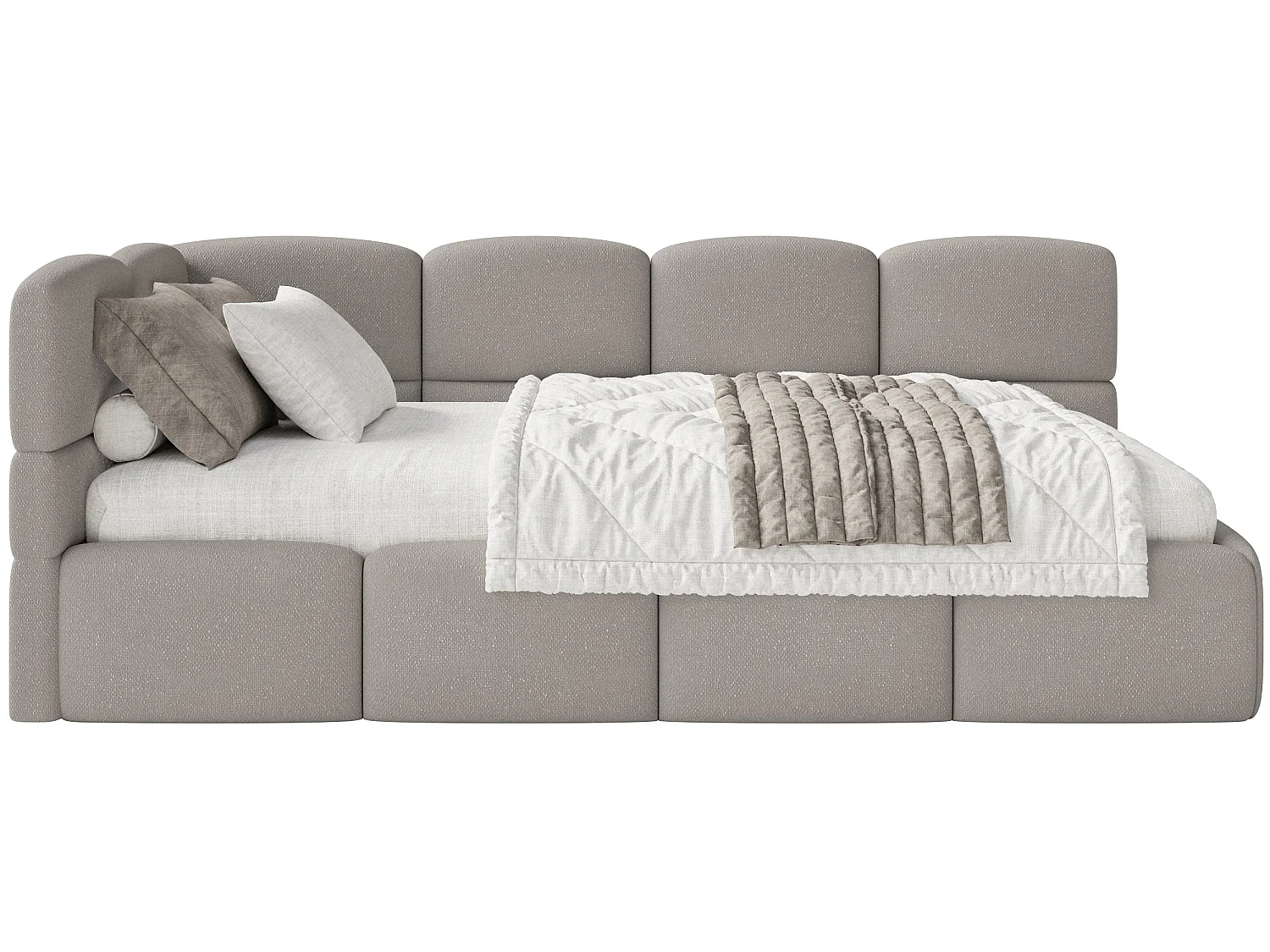 Tienerbed 120 cm – Opbergbak – Chenille – Hoofdbord links – Lichtbruin – CLOUDY