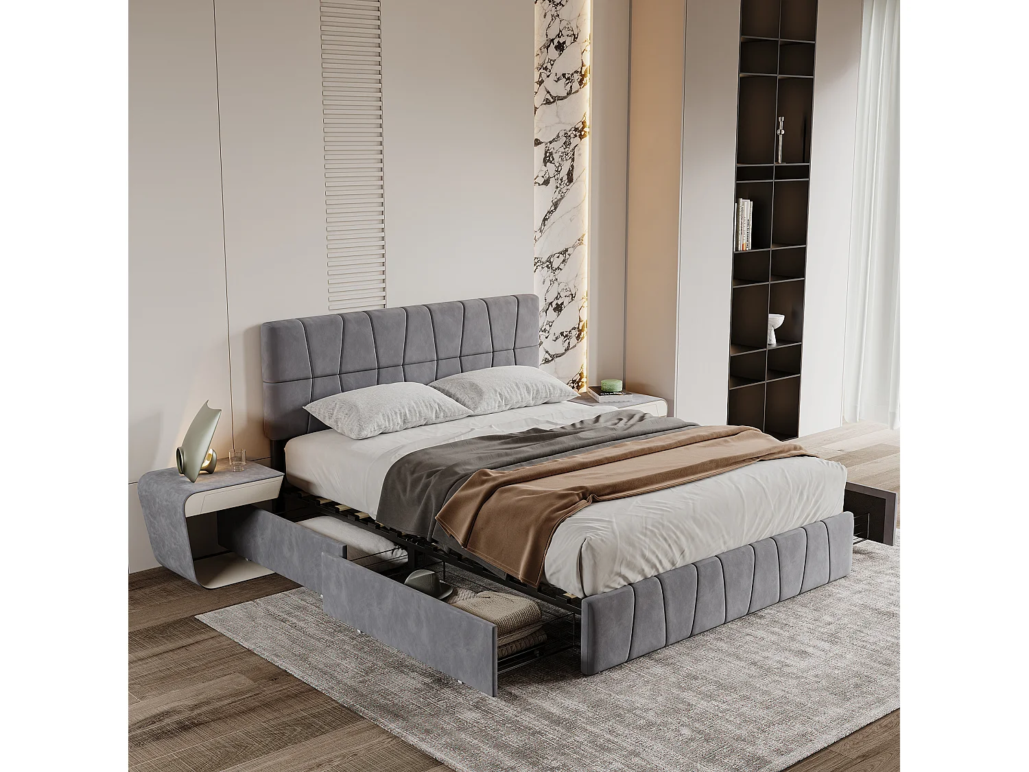 Lit Double 160x200 avec 4 Tiroirs de Rangement, Lit Coffre avec Sommier à Lattes, Cadre de Lit Rembourré en Velours, Tête de Lit Réglable en Hauteur, Gris