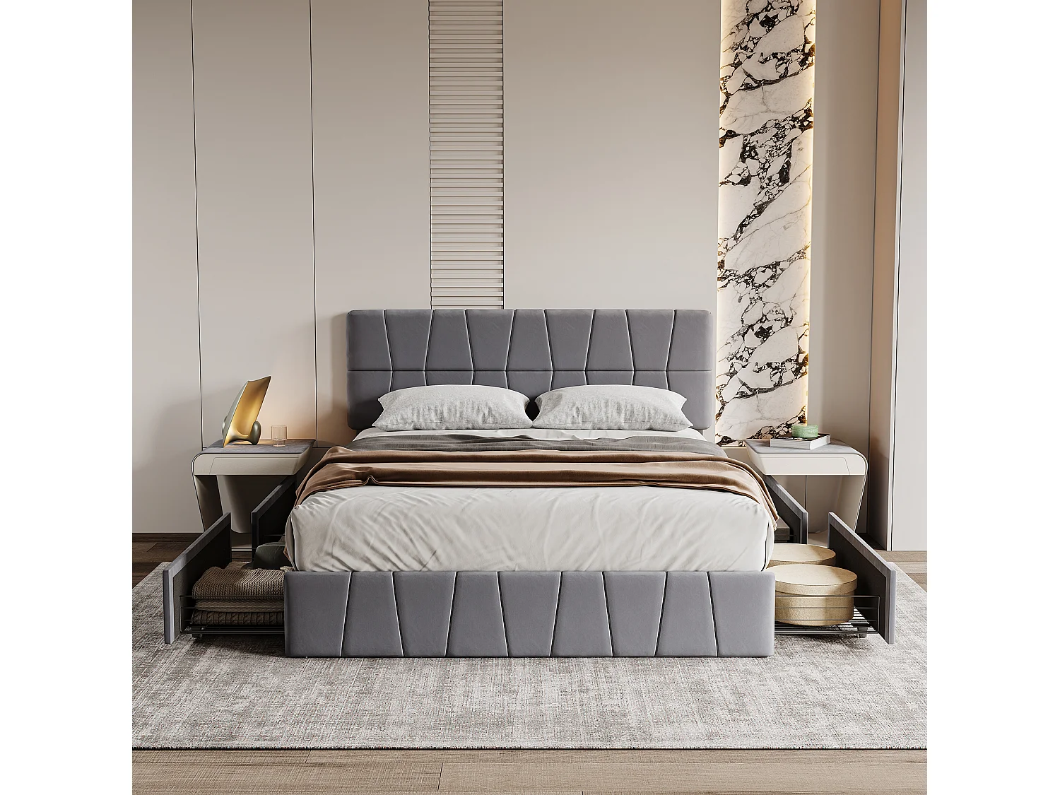 Lit Double 160x200 avec 4 Tiroirs de Rangement, Lit Coffre avec Sommier à Lattes, Cadre de Lit Rembourré en Velours, Tête de Lit Réglable en Hauteur, Gris