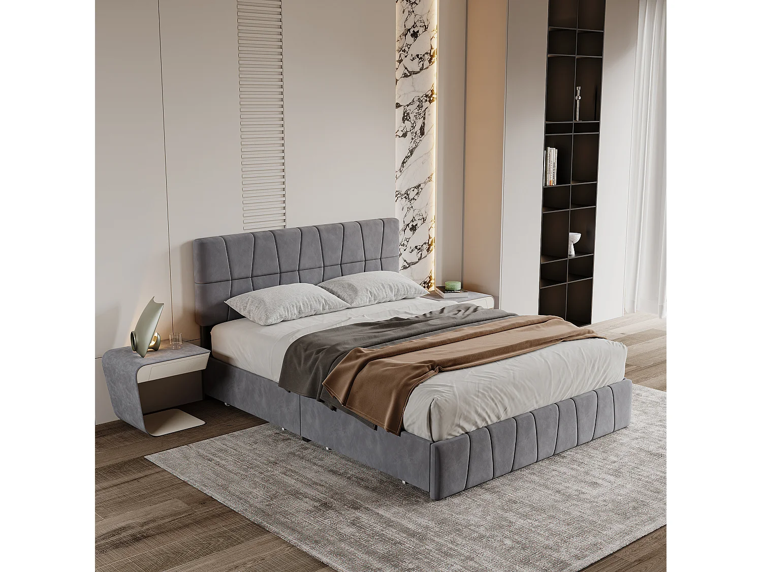 Lit Double 160x200 avec 4 Tiroirs de Rangement, Lit Coffre avec Sommier à Lattes, Cadre de Lit Rembourré en Velours, Tête de Lit Réglable en Hauteur, Gris