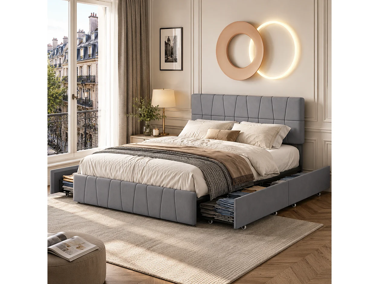 Lit Double 160x200 avec 4 Tiroirs de Rangement, Lit Coffre avec Sommier à Lattes, Cadre de Lit Rembourré en Velours, Tête de Lit Réglable en Hauteur, Gris
