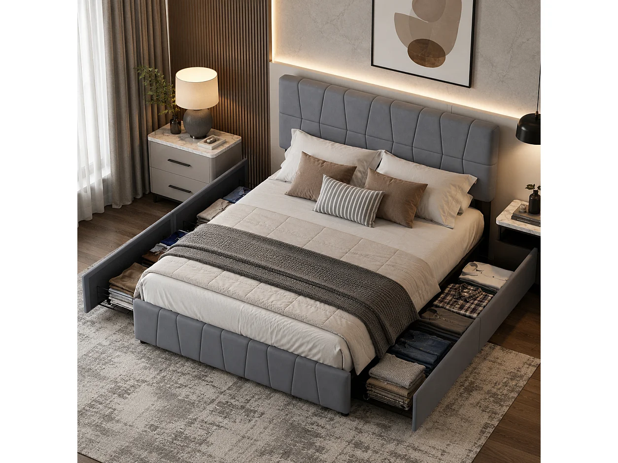 Lit Double 160x200 avec 4 Tiroirs de Rangement, Lit Coffre avec Sommier à Lattes, Cadre de Lit Rembourré en Velours, Tête de Lit Réglable en Hauteur, Gris