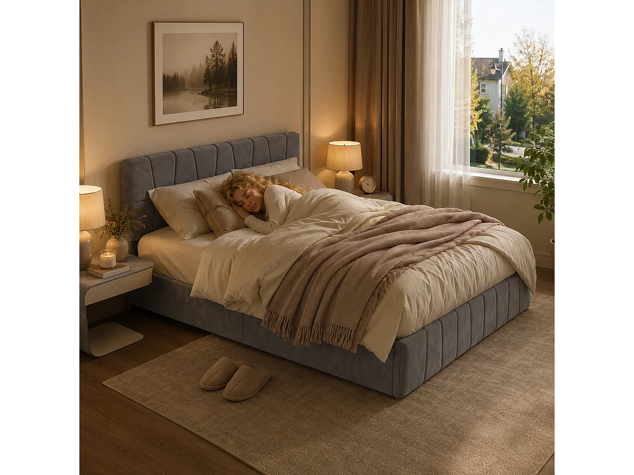 Lit Double 160x200 avec 4 Tiroirs de Rangement, Lit Coffre avec Sommier à Lattes, Cadre de Lit Rembourré en Velours, Tête de Lit Réglable en Hauteur, Gris