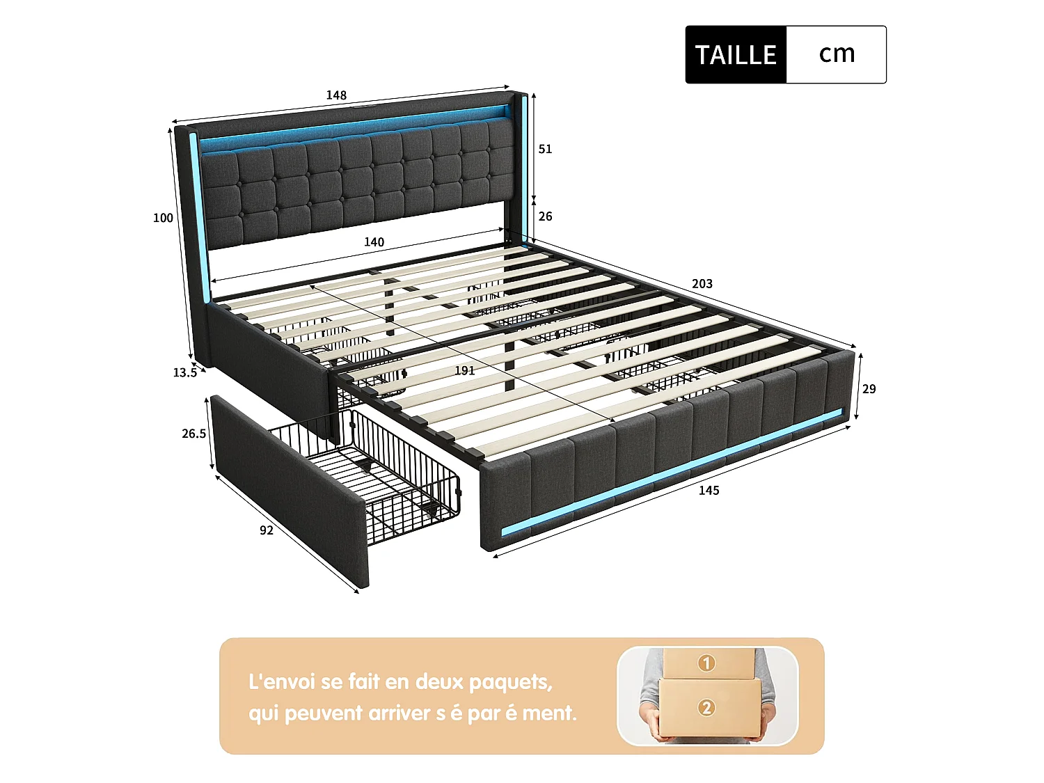 Lit Double 140x190cm avec LED et USB, Lit Rembourré avec 4 Tiroirs, Lit avec Rangement, Cadre de lit 140x190 Fonctionnel pour Adults et Adolescents, Lin, Gris Foncé