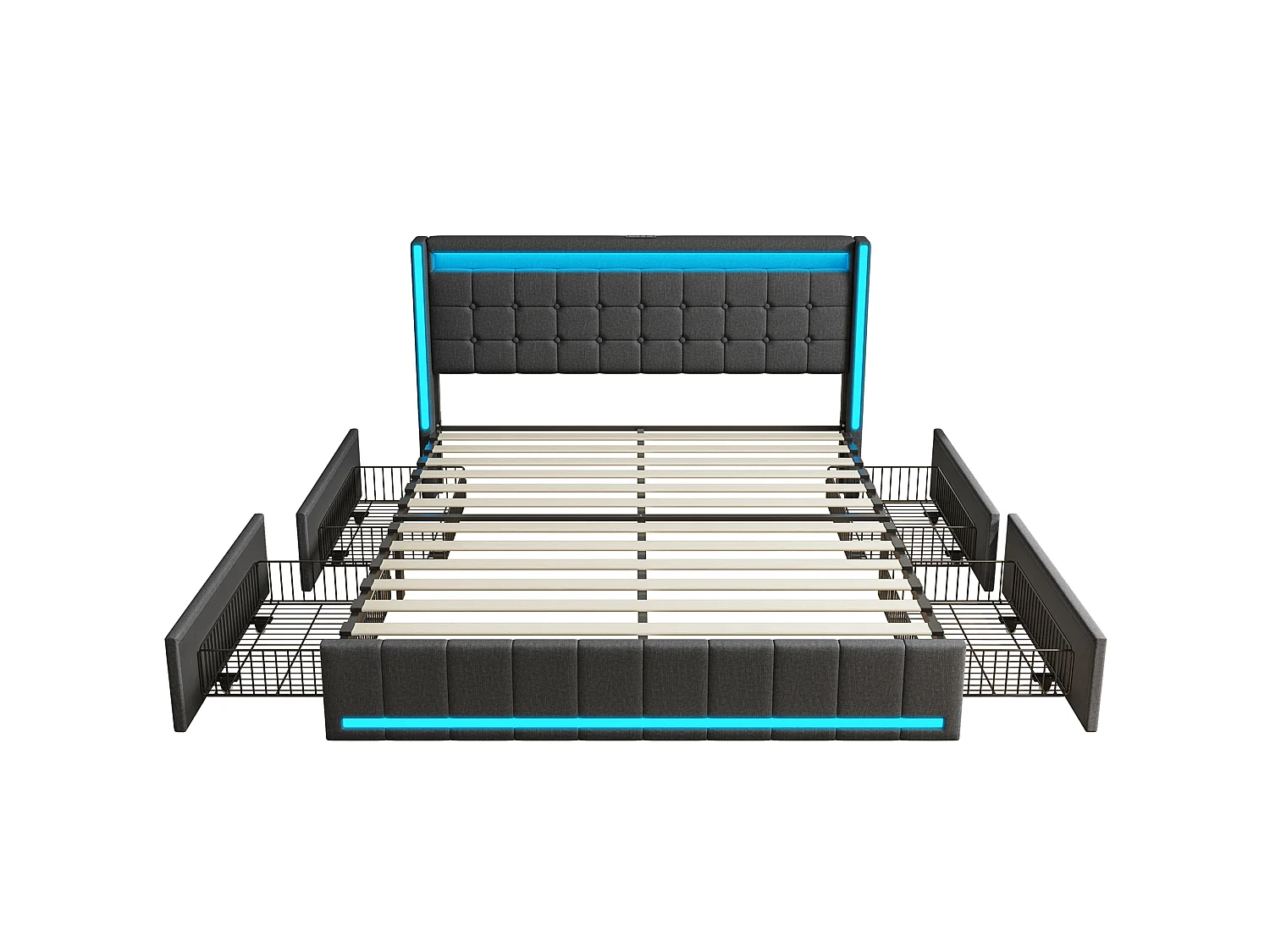 Lit Double 140x190cm avec LED et USB, Lit Rembourré avec 4 Tiroirs, Lit avec Rangement, Cadre de lit 140x190 Fonctionnel pour Adults et Adolescents, Lin, Gris Foncé