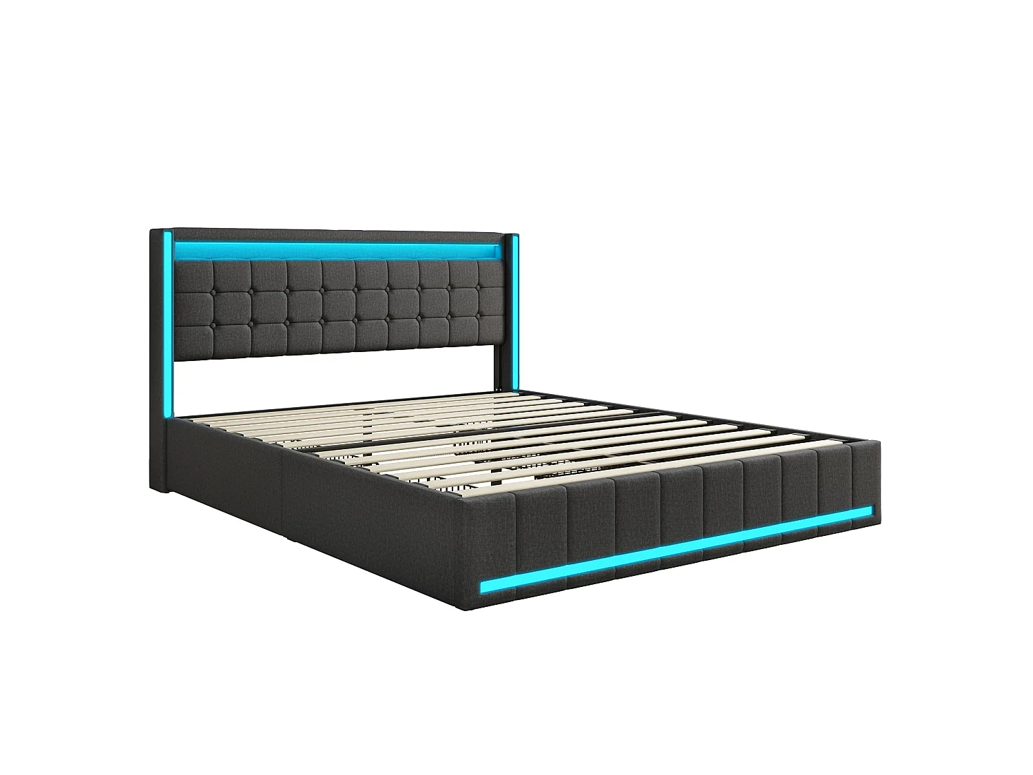 Lit Double 140x190cm avec LED et USB, Lit Rembourré avec 4 Tiroirs, Lit avec Rangement, Cadre de lit 140x190 Fonctionnel pour Adults et Adolescents, Lin, Gris Foncé