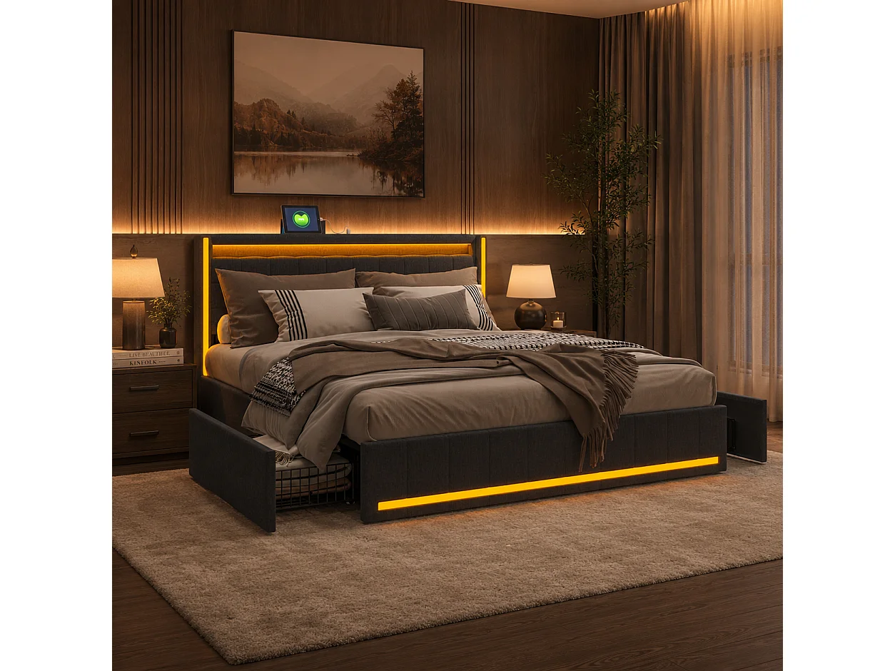 Lit Double 140x190cm avec LED et USB, Lit Rembourré avec 4 Tiroirs, Lit avec Rangement, Cadre de lit 140x190 Fonctionnel pour Adults et Adolescents, Lin, Gris Foncé