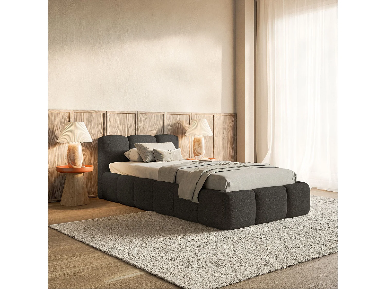 Gestoffeerd bed 90x200 cm – Chenille Grafiet – CLOUDY LOW