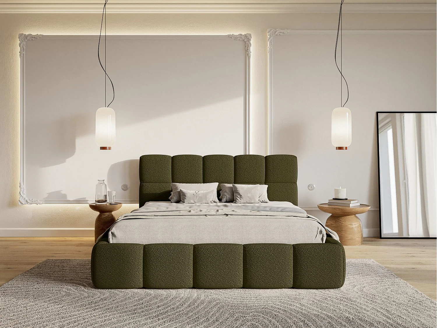 Lit rembourré 120x200 – Bouclé Vert olive – Cloudy