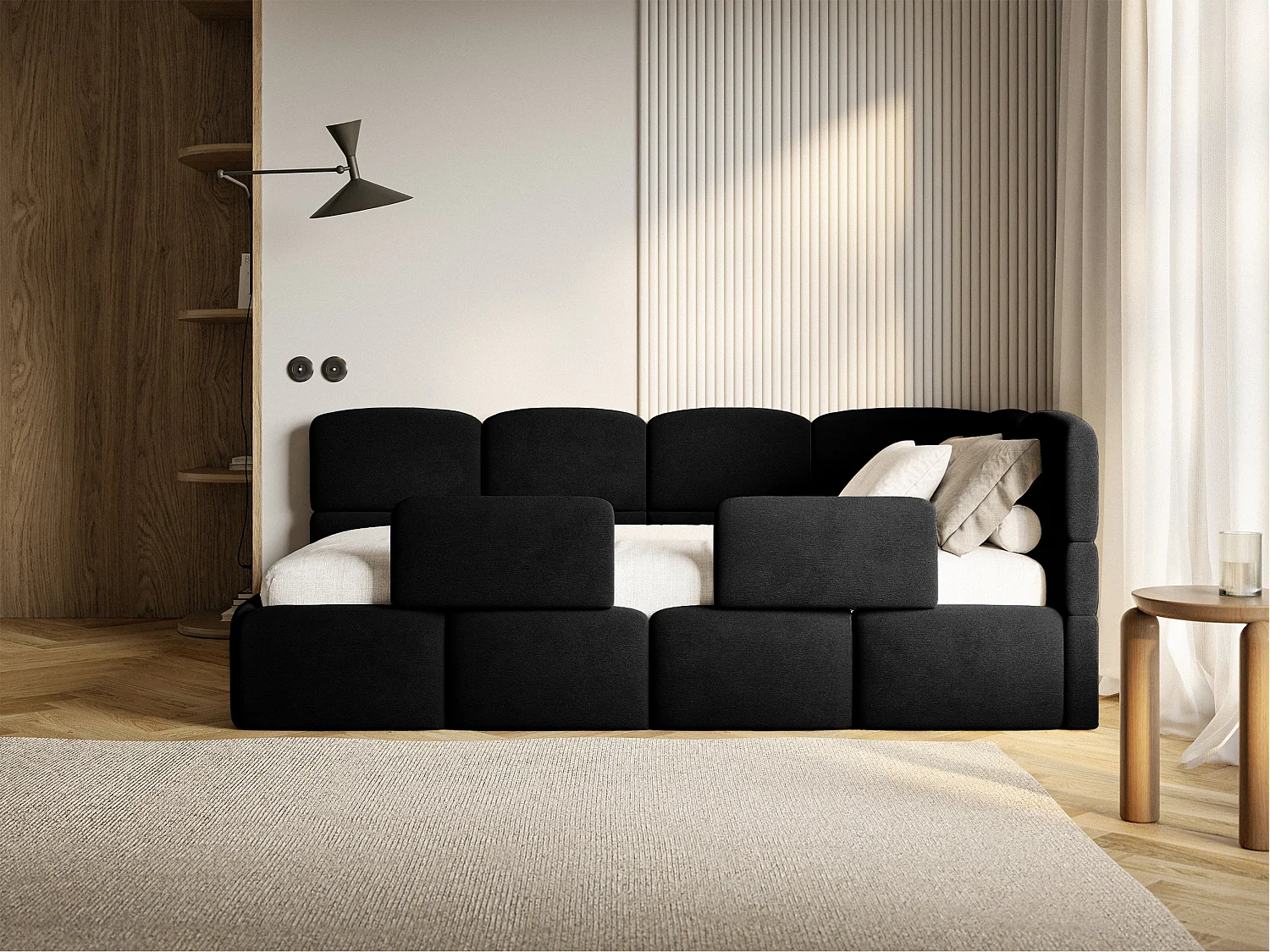 Lit enfant 90x200 – barrière – tête de lit à droite – velours Noir – CLOUDY